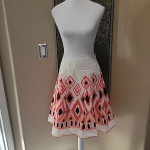 Ashley B Cream and Coral Pleated Ikat Full Skirt